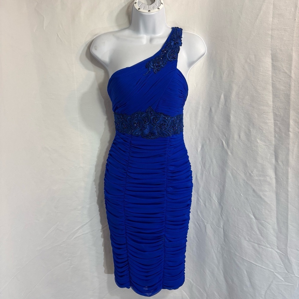 Sue Wong Blue One Shoulder Beaded Cocktail Dress Size 2 Ruched Bodycon - Picture 2 of 12